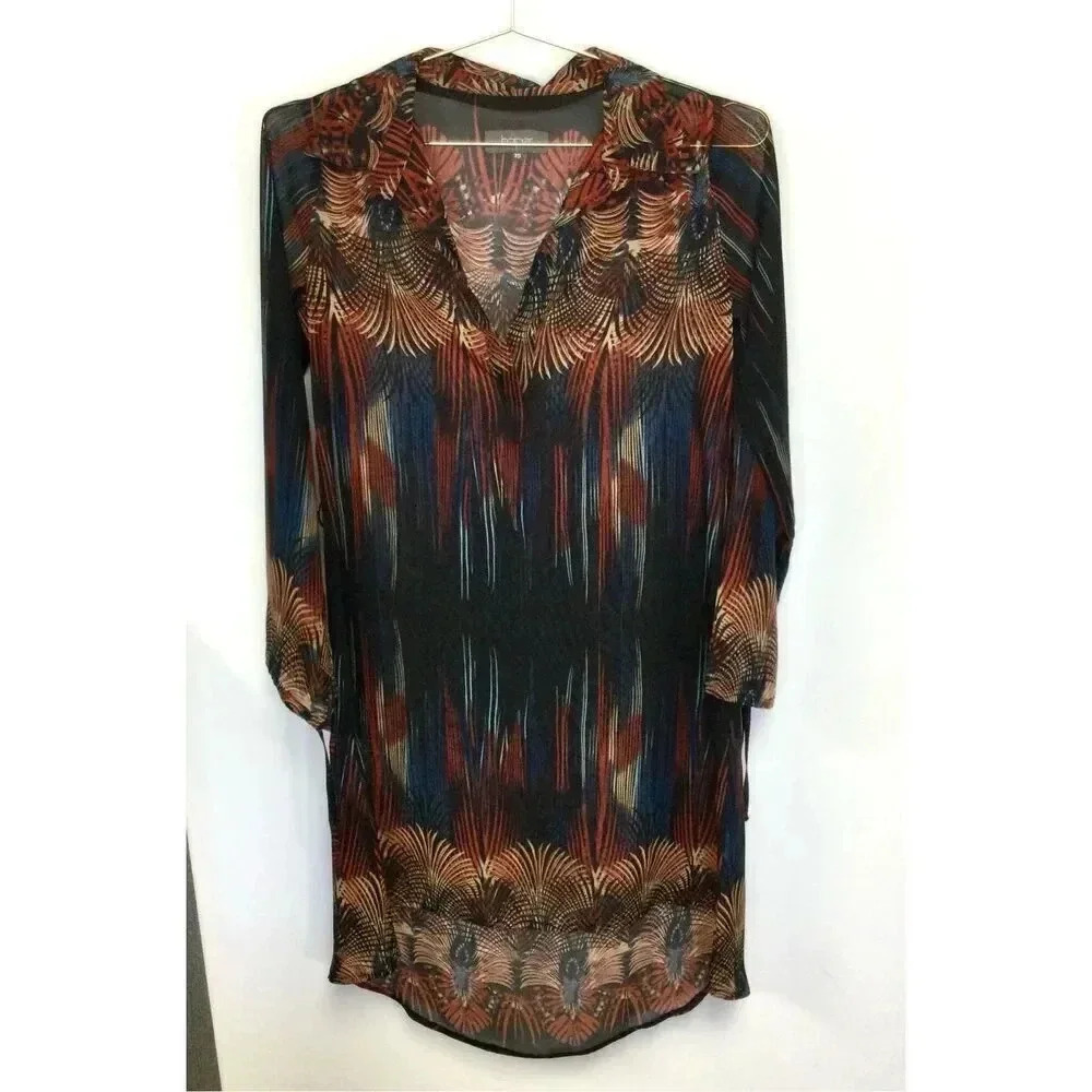 Harper Womens Size XS Shift Dress Blue Brown Aztec Tribal Print Long Sleeves‎